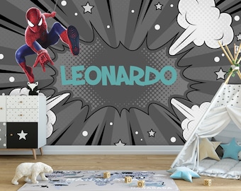 Spiderman Custom Wallpaper Superhero Teen Bedroom, Wall Covering Personalized Name  for Boy Room, Comics Book Dark Wallpaper Nursery Decor