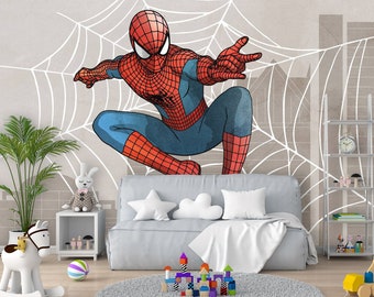 Superhero Spiderman Wallpaper Boy Teen Room, Wallpaper for Kids Child Bedroom, Peel and Stick Spiderman Art Mural, Superhero Cityscape Decor