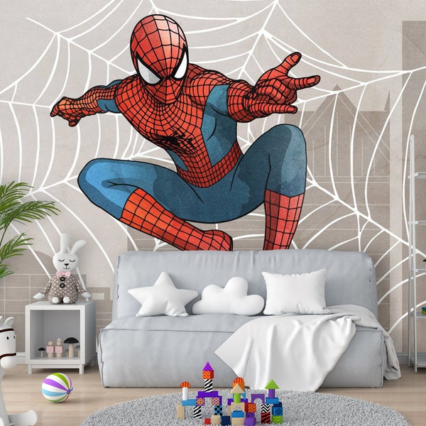 Superhero Spiderman Wallpaper Boy Teen Room, Wallpaper for Kids Child Bedroom, Peel and Stick Spiderman Art Mural, Superhero Cityscape Decor