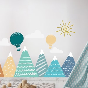Woodland Baby Room Decal. Mountain Wall Decal for Nursery. Adventure Wall Decal Nursery. Large Mountain Mural. Balloons Decal FS55