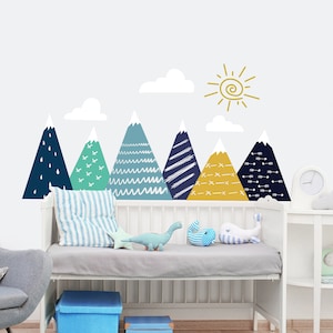 Mountain Wall Decal for Kids Bedroom, Adventure Nursery Wall Decor, Woodland Boys Room Sticker, Large Mountain Sticker, Cloud Decal Todller