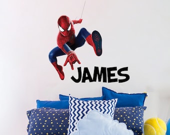 Custom Name Decal Above Bed for Boy Superhero Personalized Name Kids Room Decor Spiderman Nursery Decal Superhero Wall Sticker