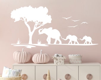 Elephant Family Wall Decal, Nursery Safari Wall Sticker, Baby Girl Africa Decor, Boy Room Wall Decal Savannah, Playroom Decal fs81