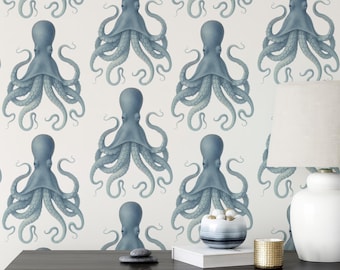 Octopus Wallpaper, Ocean Wall Decor for Bedroom, Coastal Wall Mural, Nautical Beach House Wall Paper, Removable Wall Decor for Bathroom