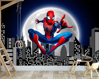 Dark Spiderman Wallpaper for Boy Bedroom, Cartoon Wall Mural Theme Superhero Wall Art, Night Skyline Cityscape for Teen Playroom Decor