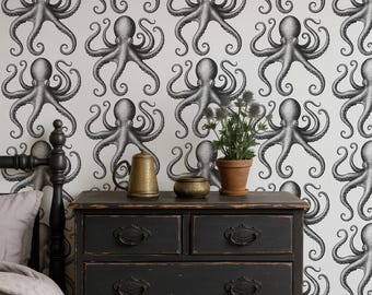 Octopus Wallpaper, Nautical Wall Mural, Ocean Wall Paper, Coastal Interior Decor for Bathroom, Bedroom, Living Room, Peel and Stick