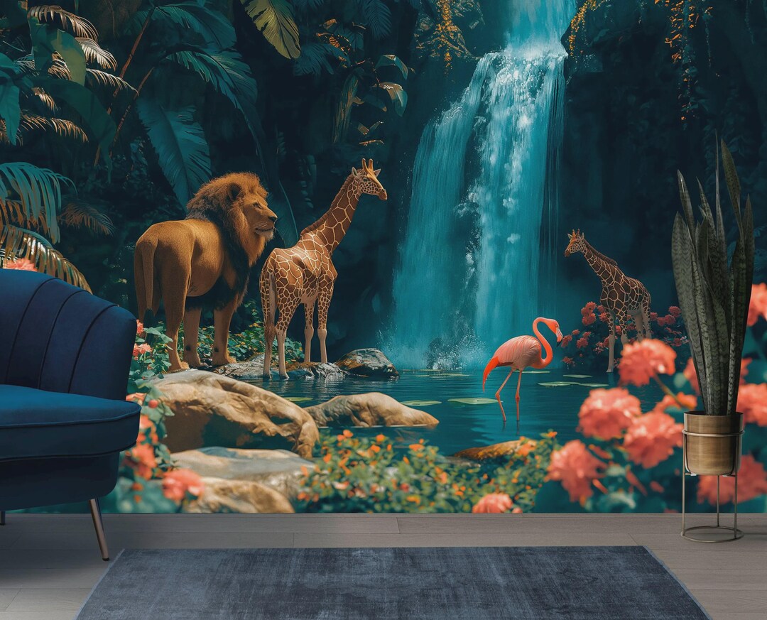 Jungle Wall Mural Tropical Wallpaper Safari Animals Mural Waterfall ...