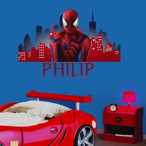 Sticker prénom garçon personnalisé au-dessus du lit pour enfant, décoration de chambre de bébé avec prénom personnalisé super-héros, sticker mural Spiderman, sticker mural super-héros image 3