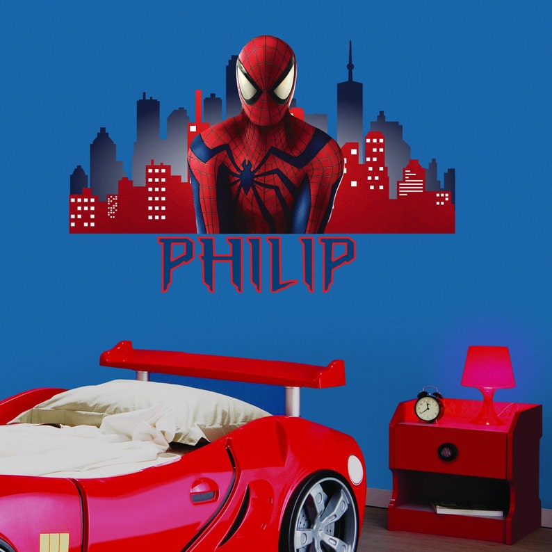 Custom Boys Name Decal Above Bed for Kids, Superhero Personalized Name Nursery Room Decor, Spiderman Wall Decal, Superhero Wall Sticker zdjęcie 3