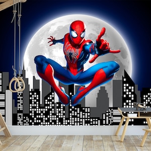 Dark Spiderman Wallpaper for Boy Bedroom, Cartoon Wall Mural Theme Superhero Wall Art, Night Skyline Cityscape for Teen Playroom Decor