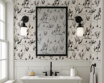 Ranch Style Cowboy Peel and Stick Vinyl Wallpaper, Western Horse and Cactus Pattern, Rustic Ranch Wall Decor, Western Wall Mural
