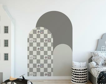 Vintage Race Car Arch Wall Decal Checkerboard Kids Room Decor Mid Century Wall Sticker Retro Transportation Graphic Toddler Boy Nursery Art