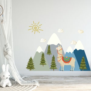Llama Wall Decals for Boys Room. Mountains Nursery Stickers. Set Boho Decal Kids Room Decor. Clouds Decal. Forest Above Bed for Kids ds223