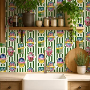 Sardine Wallpaper Peel and Stick Tinned Fish Wall Mural Green Striped Wallpaper Retro Kitchen Wall Decor Vintage Food Pattern Eclectic Art
