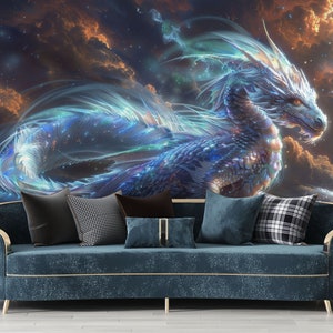 Large Dragon Wallpaper Peel and Stick, Dark Blue Whimsical Wallpaper Mural Removable, Chinese Dragon in Clouds Wall Print