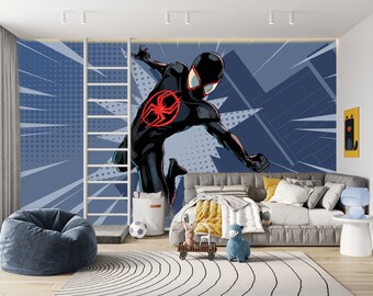 Spiderman Wallpaper For Kids Room PVC Free, Blue Removable Superhero Wall Covering For Playroom, Peel And Stick Wall Mural For kindergarten