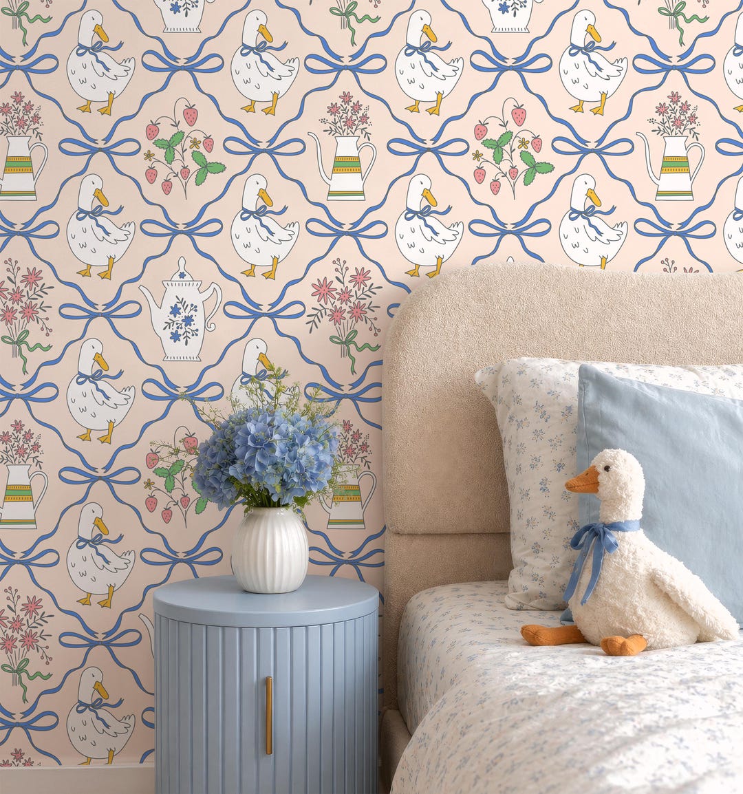Blush Pink Goose Wallpaper Peel and Stick Cute Duck Bow Ribbon Nursery ...