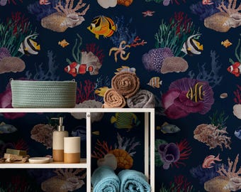 Undersea World Wallpaper, Ocean Fish Wall Decor, Seaweed Pattern, Coastal Marine Mural for Bathroom, Living Room Decor