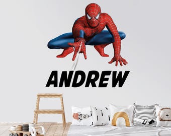 Calcomanía personalizada con nombre de superhéroe para cama de niño, decoración de habitación infantil con nombre personalizado, calcomanía de Spiderman para guardería, calcomanía de pared de superhéroe