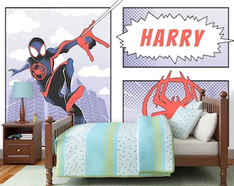 Custom Name Wallpaper Miles Morales for Boy Room, Superhero Spiderman Peel and Stick Comics Wallpaper, Cartoon Spiderman Mural Gift for Kids