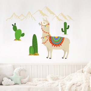 Llama Wall Decals Kids. Mountains Wall Decal. Boho  Alpaca Nursery Decor. Cactus Stickers Home. Llama Decal Baby Playroom Decoration ds126