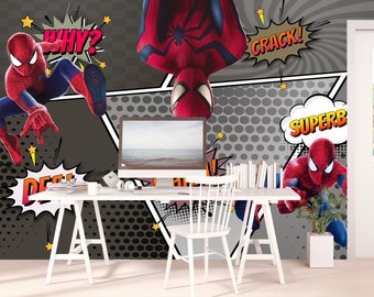 Fond d’écran Spiderman pour chambre de garçon, peinture murale de super-héros Spiderman, super-héros de papier peint, SpiderMan pour chambre d’enfant, chambre d’enfant de papier peint