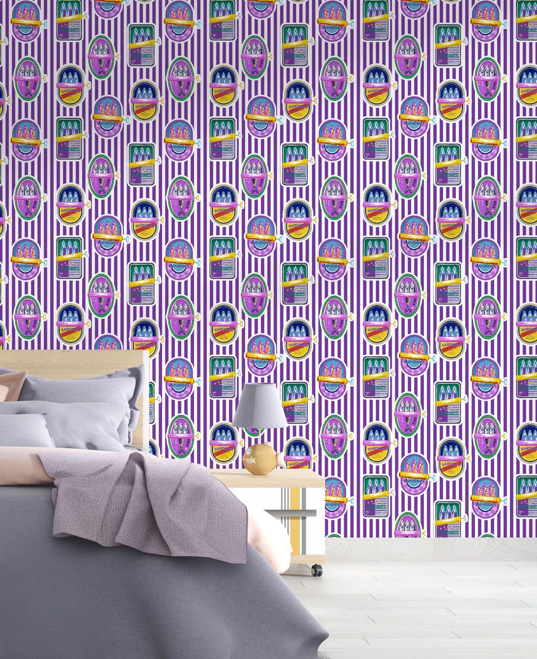 Sardine Can Wallpaper Purple Striped Fish Pattern Removable Eclectic ...
