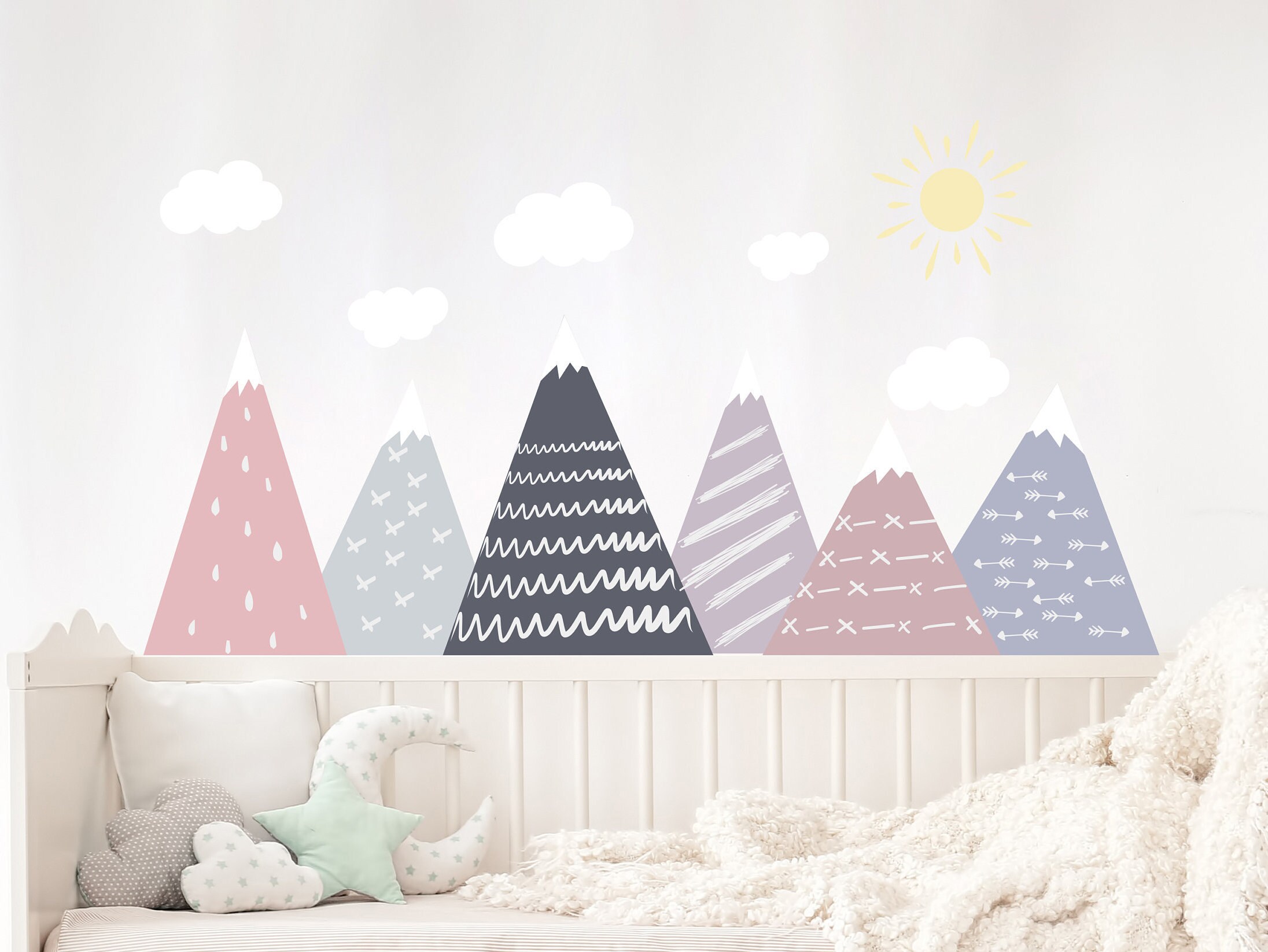 Pastel Mountain Wall Decals Large Mountains Mural Girls Room Decor Peel and  Stick Mountain Stickers Above Bed Adventure Sun Clouds ds121