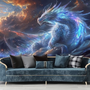 Carta da parati adesiva con drago magico, carta da parati murale in tessuto non tessuto con drago cinese fantasy, arte murale stravagante per il soggiorno