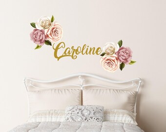 Calcomanía de pared con nombre de flor. Decoración para cama de niña. Adhesivo de pared con nombre personalizado. Arte mural con flores. Decoración para habitación de niña. Decoración floral ds3