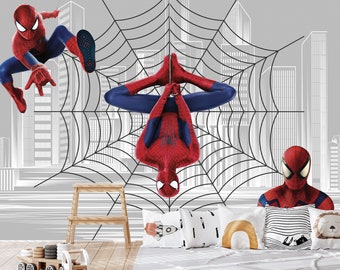 Papier peint paysage urbain Spiderman pour chambre de garçons, décoration murale Spiderman, papier peint super-héros salle de jeux pour tout-petits, papier peint comics déco chambre d'enfant