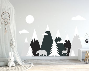 Sticker montagne, décoration de chambre d'enfant paysage forestier, chambre d'enfant aventure, art mural chambre d'enfant bois, lune et étoiles, impression nuages