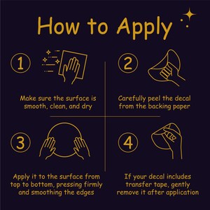 The image is a step-by-step guide on how to apply a decal to a surface, with four numbered steps and corresponding illustrations.