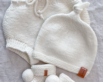 Deluxe Merino Wool Hand Knitted Baby Bloomers, Beanie and Booties