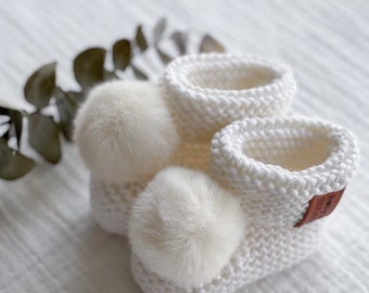 Furbie Booties :  Luxury Fur Pom Pom booties- Baby Booties - Baby Shoes - Merino Wool Booties