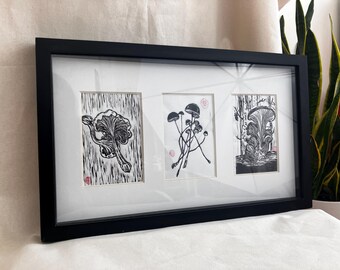 Three Mushroom Woodcut