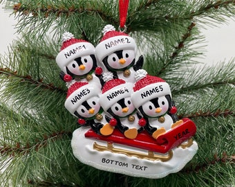 Penguin Family on Sled Ornament Personalized Ornament for Christmas Custom Hand-Written Ornament Family of 2 3 4 5 6 - Family of 5 Ornaments