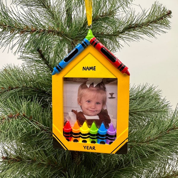 Crayon Picture Frame Christmas Ornament with Stand Handwritten Personalized Custom Frame Ornament Kindergarten Kid- Picture Frame Ornament