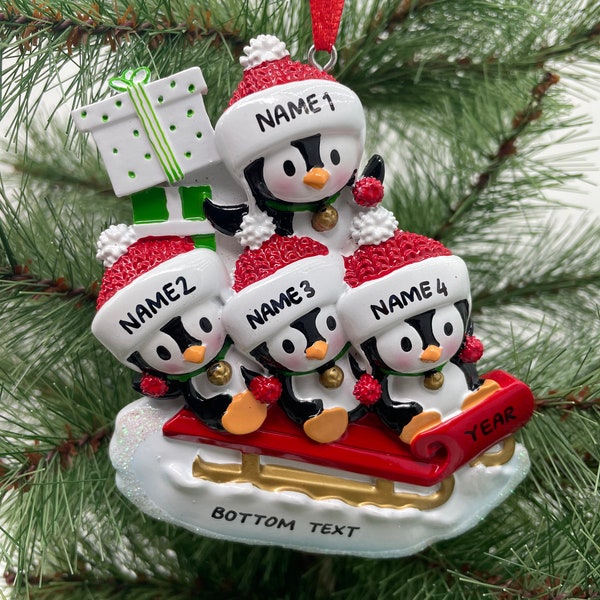 Penguin Family on Sled Ornament Personalized Ornament for Christmas Custom Hand-Written Ornament Family of 2 3 4 5 6 - Christmas Ornaments