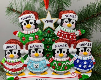 Ugly Sweater Penguins Family Ornament Personalized Ornament Family of 2 3 4 5 6 Christmas Ornament - Family of 6 Ornaments