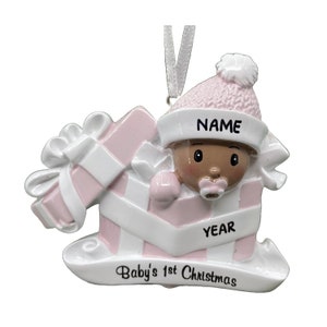 Personalized African American Baby Girl in Present Ornament Baby&#39;s First Christmas Perfect Gift for Baby Custom Ornament -Christmas Ornament