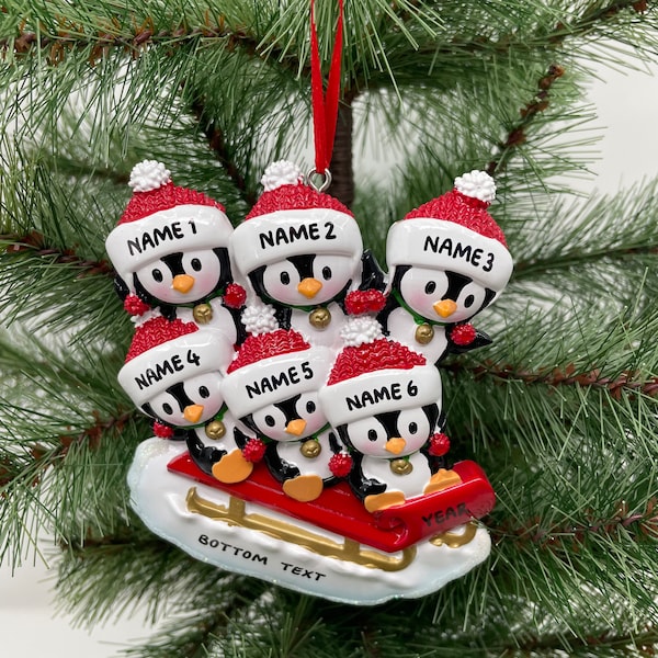 Penguin Family on Sled Ornament Personalized Ornament for Christmas Custom Hand-Written Ornament Family of 2 3 4 5 6 - Family of 6 Ornaments