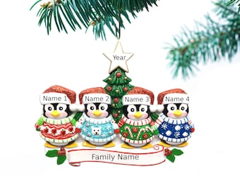 Ugly Sweater Penguins Family Ornament Personalized Ornament Family of 2 3 4 5 6 Christmas Ornament - Christmas Ornaments