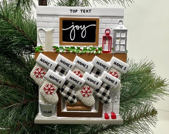Fireplace Mantel Family Stocking Ornament Personalized Joy Ornament for Christmas Family of 2 3 4 5 6 7 8 9 10 11 12 - Family of 9 Ornaments