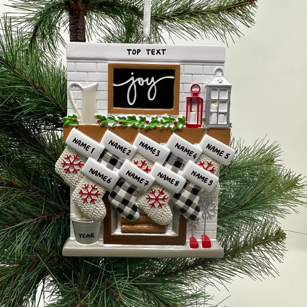 Fireplace Mantel Family Stocking Ornament Personalized Joy Ornament for Christmas Family of 2 3 4 5 6 7 8 9 10 11 12 - Family of 9 Ornaments