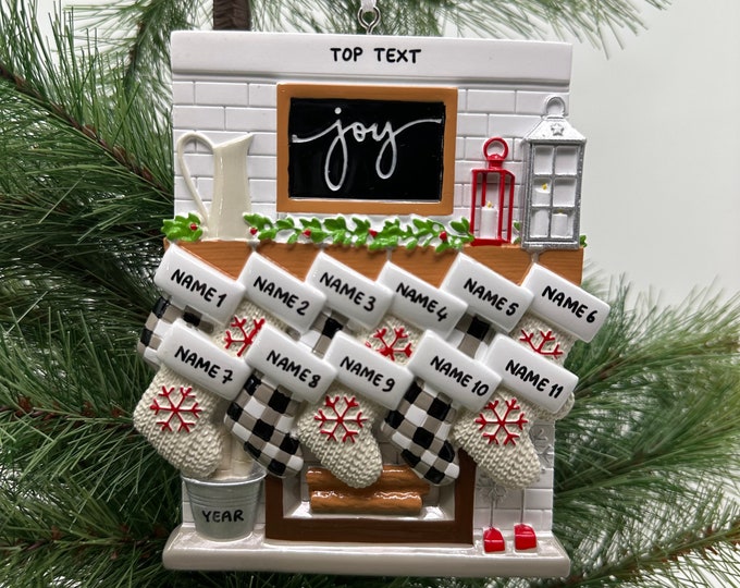 Fireplace Mantel Family Stocking Ornament Personalized Joy Ornament for Christmas Family of 2 3 4 5 6 7 8 9 10 11 12- Family of 11 Ornaments