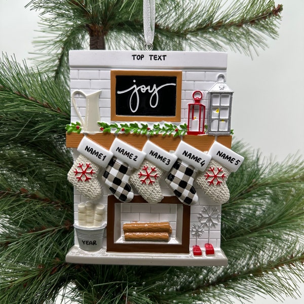 Fireplace Mantel Family Stocking Ornament Personalized Joy Ornament for Christmas Family of 2 3 4 5 6 7 8 9 10 11 12 - Family of 5 Ornaments