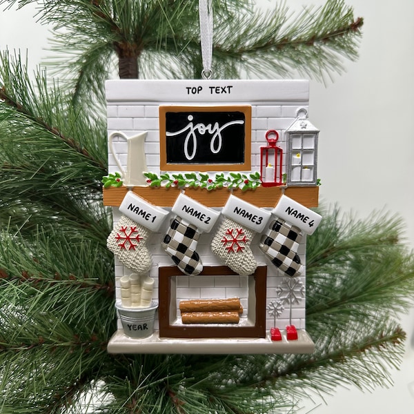 Fireplace Mantel Family Stocking Ornament Personalized Joy Ornament for Christmas Family of 2 3 4 5 6 7 8 9 10 11 12 - Family of 4 Ornaments