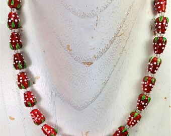 Glass Bead Necklace with Strawberries, Handmade, Unique