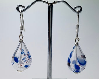 Earrings hollow glass beads white/blue Lampwork Beads Earrings Handmade